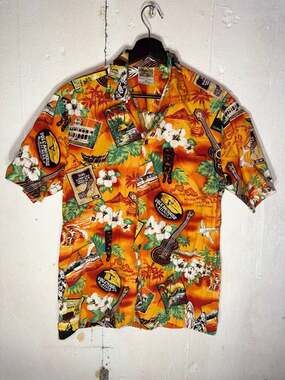 Vintage Winnie Fashion Made in Hawaii Orange Aloha Shirt Ukulele Volcano Print